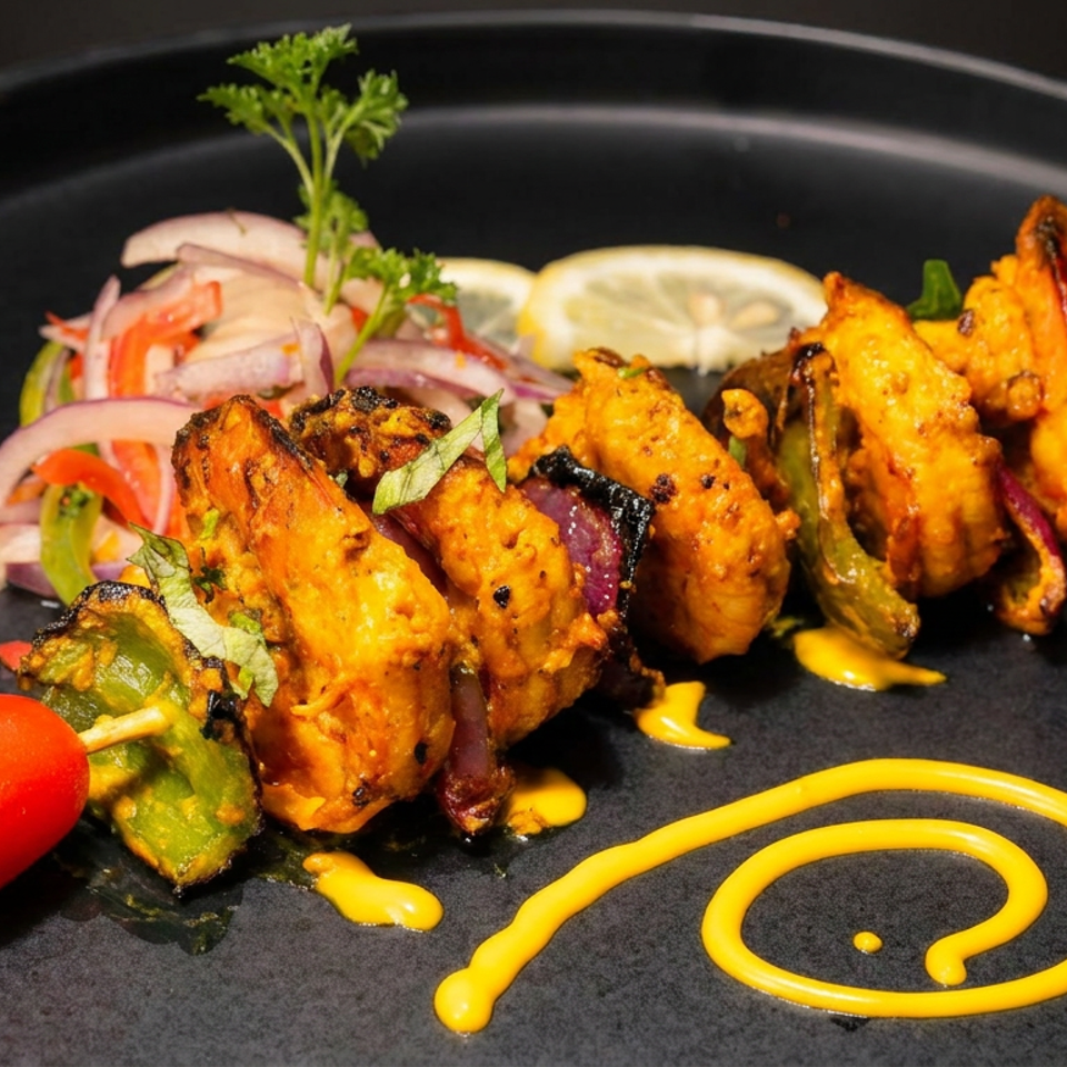 Grilled chicken and vegetables on skewers with onions, peppers, tomato, lemon, herbs, and yellow sauce on a black plate.