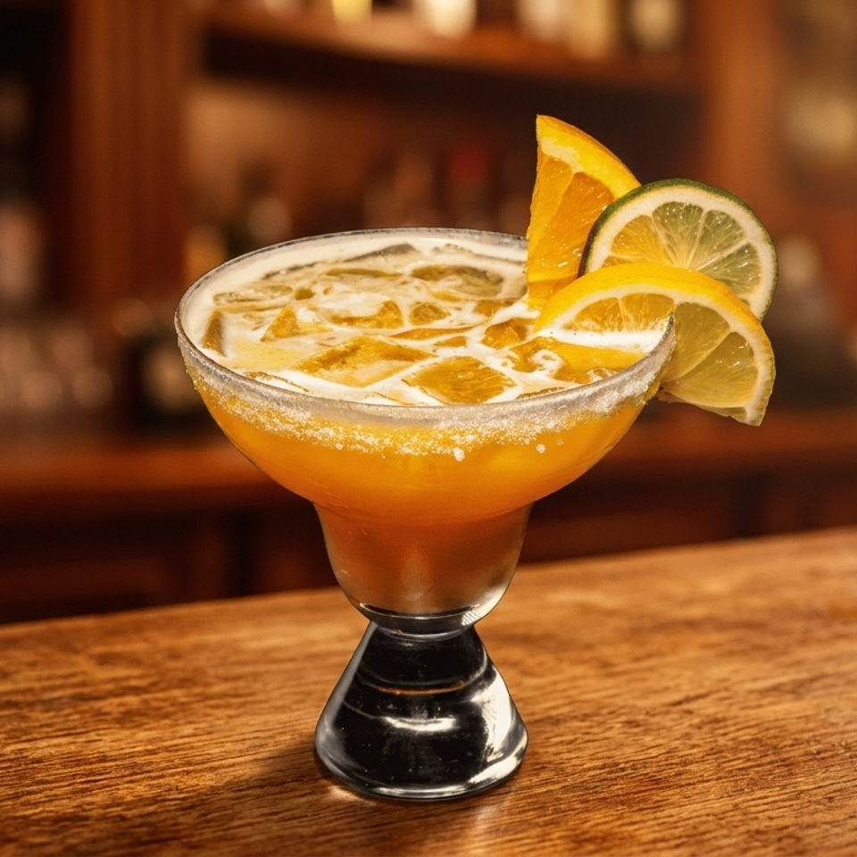 Orange cocktail in a margarita glass, garnished with orange and lime slices, sits on a wooden bar.