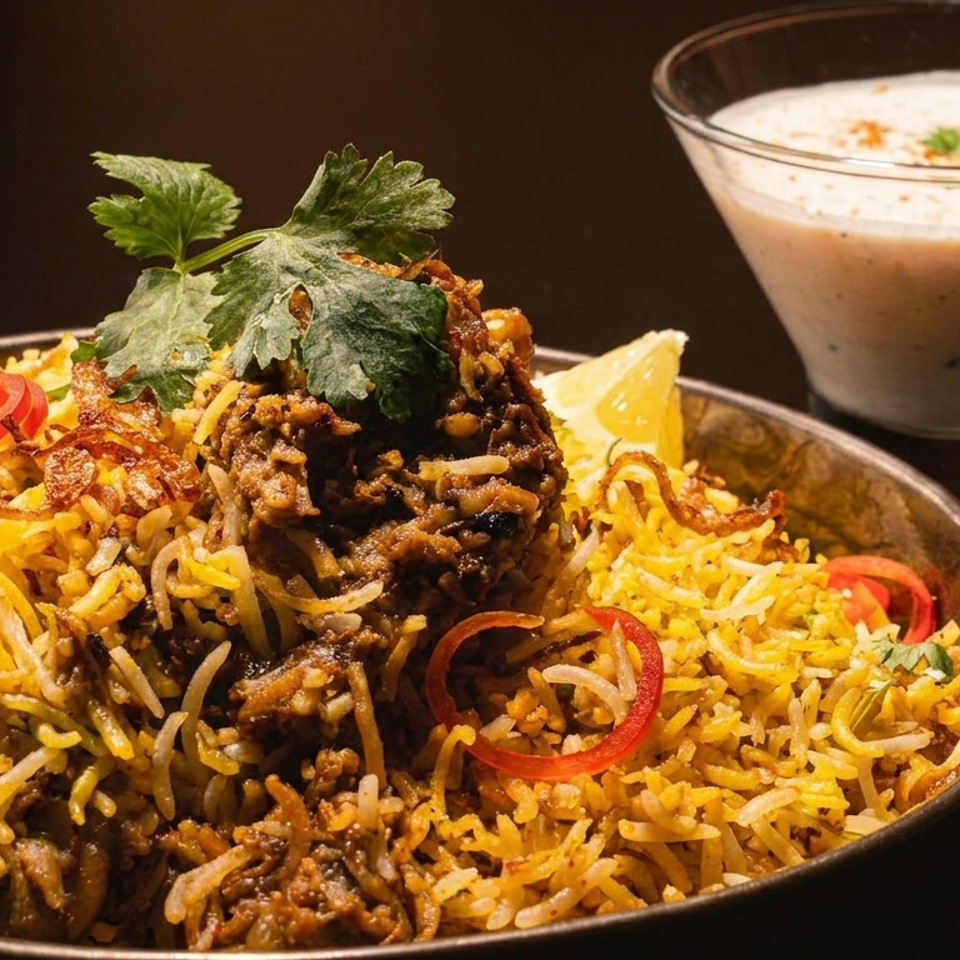 Fragrant biryani topped with fried onions, chilies, cilantro, and lemon, served alongside a creamy yogurt drink.