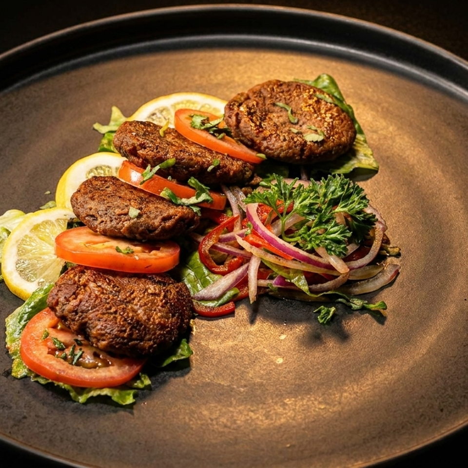 Four grilled meat patties served over lettuce with tomato, lemon slices, red onion, peppers, and fresh herbs on a dark plate.