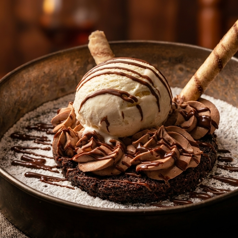Chocolate brownie topped with chocolate mousse, vanilla ice cream, chocolate drizzle, wafer sticks, and powdered sugar in a rustic bowl.