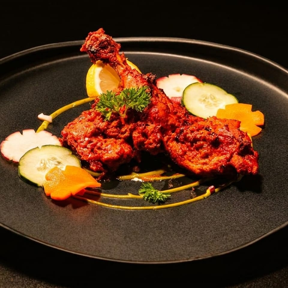 Spiced red grilled chicken pieces arranged on a black plate with cucumber, carrot, lemon, apple, and parsley garnishes.