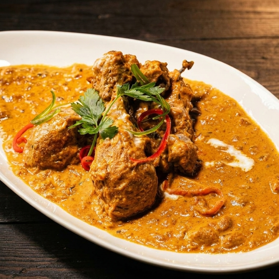 Creamy orange curry with fried meat pieces, red chili slices, and cilantro served on a white platter.